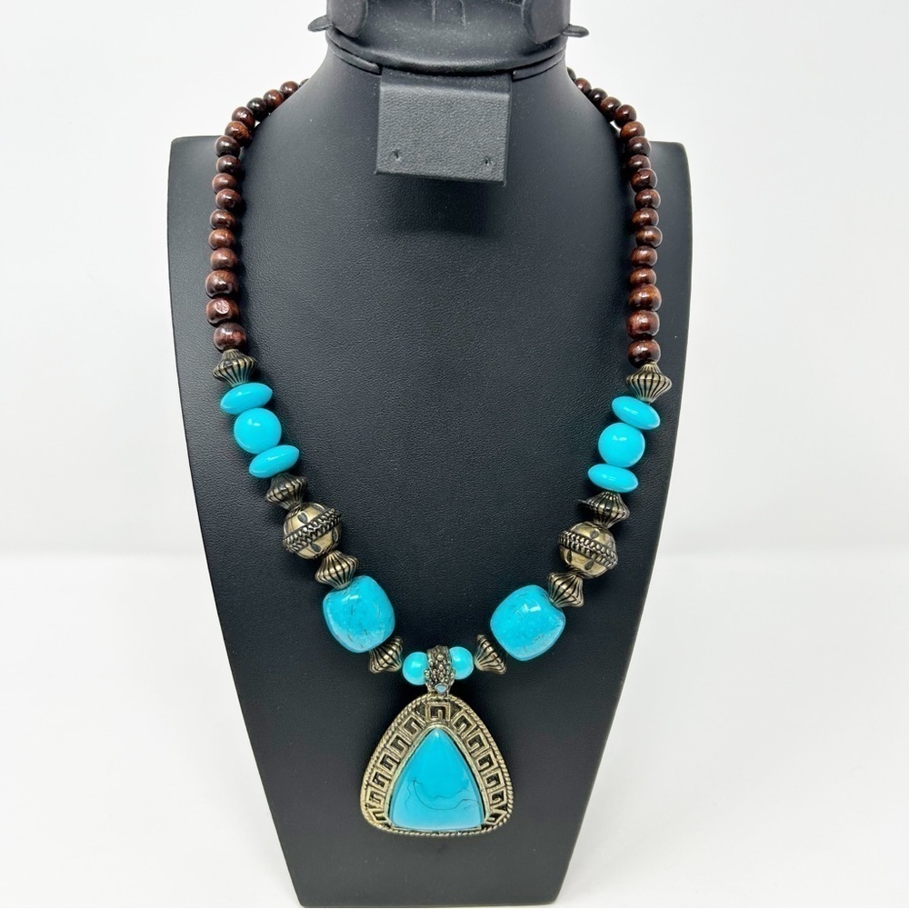 Boho Southwestern Faux Turquoise Blue Pendant Bold Statement Necklace 22"